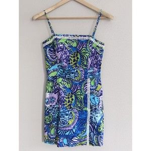 Lilly Pulitzer Cattitude Romper Mini Dress Size 4 Blue Green
